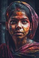 Indisch vrouw dichtbij omhoog portret met kleurrijk verf foto