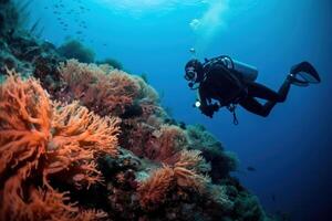 scuba duiker zwemt tussen vis en rood koraal rif generatief ai foto