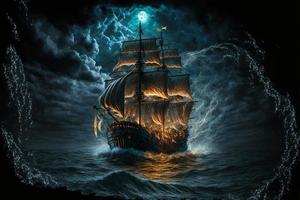 landschap met piraat schip Bij zee, horizon in achtergrond. ai digitaal illustratie foto