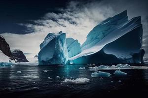 ijs landschap met bergen, rotsen en zee, minimalistisch modern reizen poster. ai foto