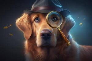 een detective gouden retriever hond met hoed en vergroten bril generatief ai foto