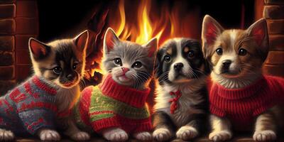 kittens in Kerstmis hond truien in voorkant van de haard generatief ai foto