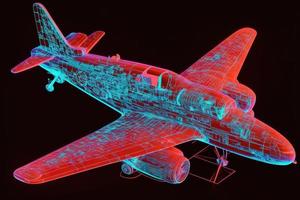 neon rood vliegtuig model- hologram blauwdruk foto