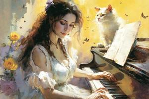 pianist met piano schilderij een donker haren glimlachen 25 jaar oud meisje in een wit foto