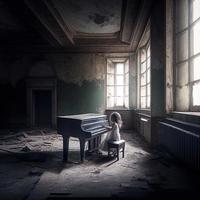 meisje spelen piano in leeg kamer foto