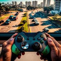 Mens gebruik makend van een xbox controleur naar Speel forza horizon generatief ai foto