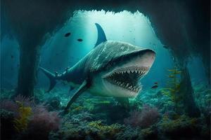 megalodon haai onder de oceaan, koralen en vis, marinier leven. digitaal illustratie. ai foto