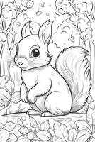 kleur boek bladzijde voor kinderen. eekhoorn geïsoleerd Aan wit achtergrond. zwart en wit. generatief ai foto