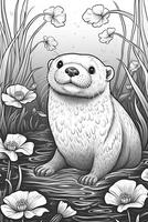 kleur boek bladzijde. tekenfilm dieren voor kinderen, Otter. generatief ai foto