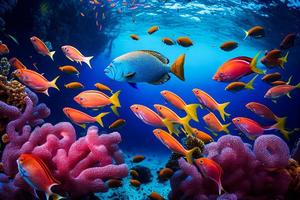 onderwater- zee rif landschap met tropisch vis, koraal, rood sterren en sponzen tekenfilm achtergrond. blauw lagune wereld of aquarium met kleurrijk dieren en zon balken. ai foto