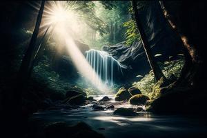 waterval in een oerwoud, berg stroom ai foto