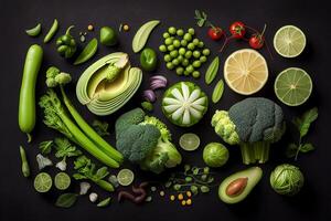 gezond voedsel ingrediënten Aan zwart achtergrond. top visie, groenten patroon, vlak leggen generatief ai foto