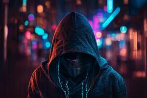 met een kap hacker in een donker met neon lichten. 3d renderen generatief ai foto