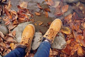 vrouw voeten Aan stenen gedaald herfst bladeren top visie foto