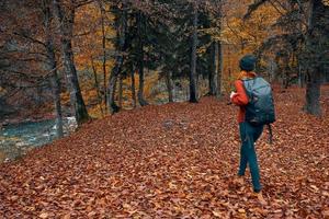 vrouw met rugzak wandelen reizen in herfst park hoog bomen rivier- gedaald bladeren foto