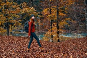 vrouw in vol groei wandelen in de park in herfst in natuur in de buurt de rivier- foto