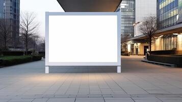 generatief ai, realistisch straat groot aanplakbord bespotten omhoog blanco voor presentatie reclame. buitenshuis teken blanco in de futuristische stad, bedrijf concept foto