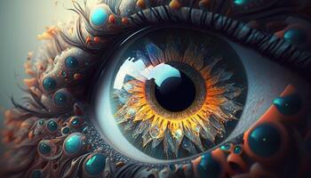 generatief ai, macro menselijk Open oog met verzinnen, fantasie fotorealistisch horizontaal illustratie. futuristische fantasie digitaal kunst concept. foto