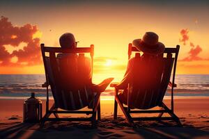 paar zittend stoelen de strand gedurende zonsondergang zomer, en reizen concept generatief ai foto