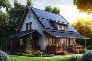 huis met zonne- panelen Aan dak. alternatief energie bron. 3d renderen generatief ai foto