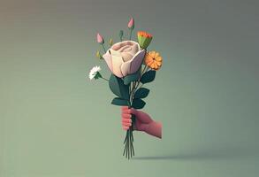 boeket van bloemen in een hand- net zo een geschenk. 3d renderen generatief ai foto