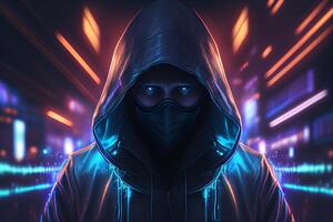 met een kap hacker in een donker met neon lichten. 3d renderen generatief ai foto