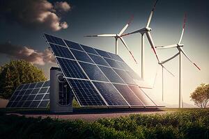 zonne- panelen en wind turbines. hernieuwbaar energie concept. 3d renderen generatief ai foto