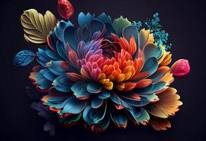 veelkleurig dahlia bloem Aan zwart achtergrond. 3d illustratie generatief ai foto