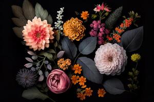 bloemen en bladeren Aan een zwart achtergrond. vlak leggen, top visie. generatief ai foto