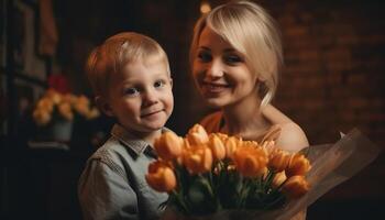 weinig jongen Holding bloemen, knuffelen zijn moeder en vieren moeder dag. generatief ai foto