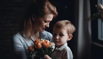 weinig jongen Holding bloemen, knuffelen zijn moeder en vieren moeder dag. generatief ai foto