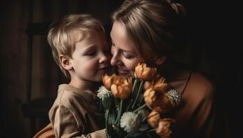 weinig jongen Holding bloemen, knuffelen zijn moeder en vieren moeder dag. generatief ai foto