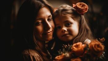 weinig meisje Holding bloemen, knuffelen haar moeder en vieren moeder dag. generatief ai foto