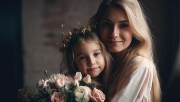 weinig meisje Holding bloemen, knuffelen haar moeder en vieren moeder dag. generatief ai foto