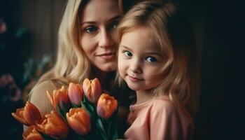 weinig meisje Holding bloemen, knuffelen haar moeder en vieren moeder dag. generatief ai foto