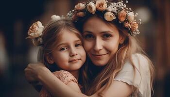 weinig meisje Holding bloemen, knuffelen haar moeder en vieren moeder dag. generatief ai foto