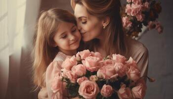 weinig meisje Holding bloemen, knuffelen haar moeder en vieren moeder dag. generatief ai foto