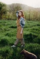 een boer vrouw in haar werk kleren, plaid overhemd en schort, staat in de veld- Aan de groen gras en glimlacht in de instelling zon na een moeilijk dag werk foto