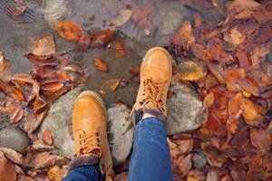 vrouw voeten Aan stenen gedaald herfst bladeren top visie foto