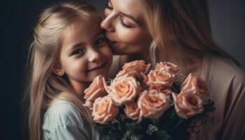 weinig meisje Holding bloemen, knuffelen haar moeder en vieren moeder dag. generatief ai foto