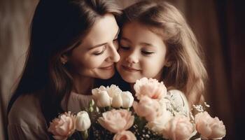 weinig meisje Holding bloemen, knuffelen haar moeder en vieren moeder dag. generatief ai foto