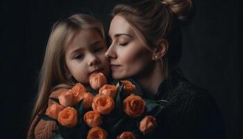 weinig meisje Holding bloemen, knuffelen haar moeder en vieren moeder dag. generatief ai foto