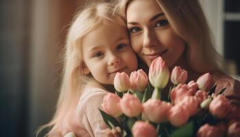 weinig meisje Holding bloemen, knuffelen haar moeder en vieren moeder dag. generatief ai foto