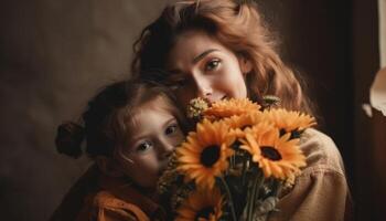 weinig meisje Holding bloemen, knuffelen haar moeder en vieren moeder dag. generatief ai foto