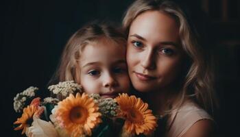 weinig meisje Holding bloemen, knuffelen haar moeder en vieren moeder dag. generatief ai foto