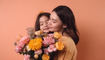 weinig meisje Holding bloemen, knuffelen haar moeder en vieren moeder dag. generatief ai foto