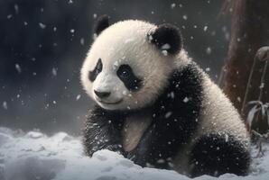 schattig panda baby spelen in sneeuw winter, generatief ai foto