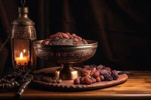 rijp datums Aan een Arabische stijl metaal kom met een klein lamp en kaars binnen de lamp. moslim festival Ramadan iftar concept met een houten kom en datums. mooi Arabisch metaal schaal. generatief ai. foto