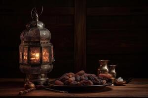 mooi Arabische stijl lantaarn naast een datum schaal. Islamitisch festival Ramadan iftar en fruit illustratie. cultureel voedsel en religieus evenementen illustratie. rijp datums Aan een houten bord. generatief ai. foto