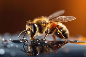 mooi honing bij met realistisch lichaam macro visie. honing verzamelaar bij, zuigen honing druppels. bij Aan de honing oppervlak, verzamelen zoet honing. honing bij met realistisch vacht en Vleugels. generatief ai. foto